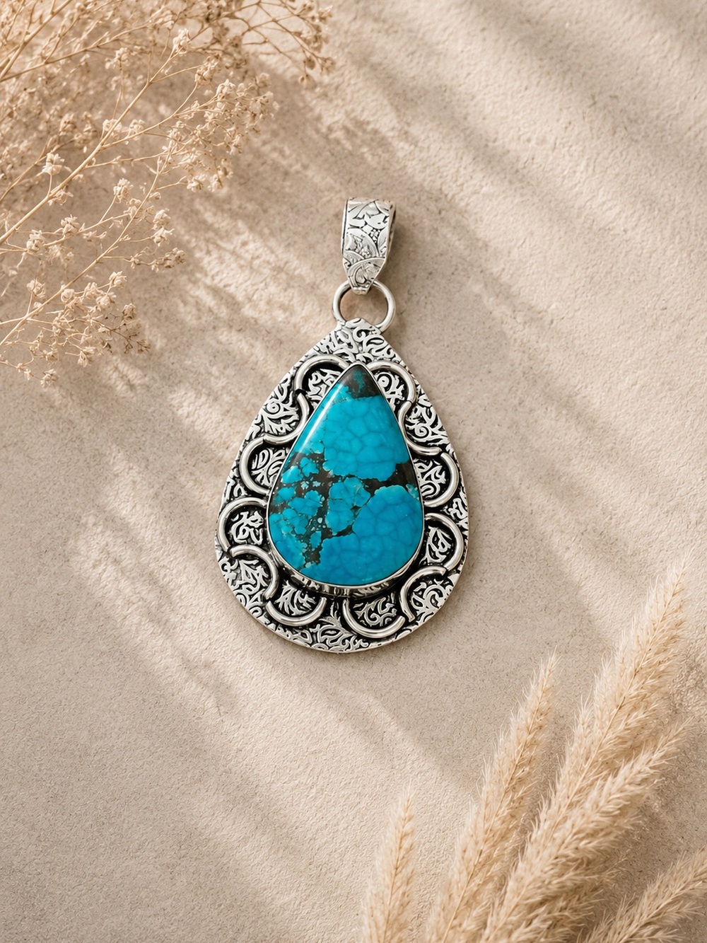 Sterling Silver Teardrop Turquoise Pendant Necklace - Blue Stone